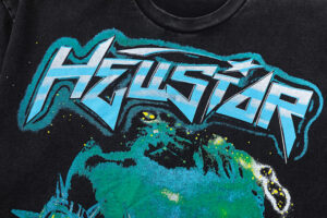 Black Hellstar The Future Iconic vintage washed cotton t-shirt with a detailed blue and green graphic logo print.