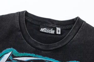 Close up view of the authentic Hellstar The Future Iconic black t-shirt inner neck brand logo label and size tag.