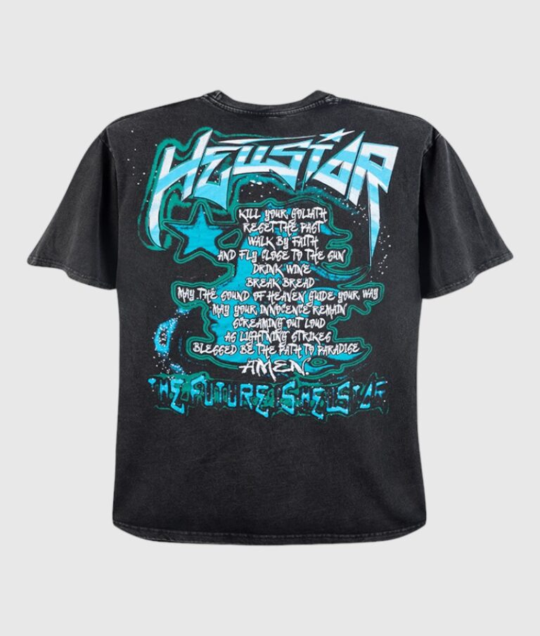 Hellstar The Future Iconic Tee Shirt in black with vintage washed effect and blue graphic screen print design on back