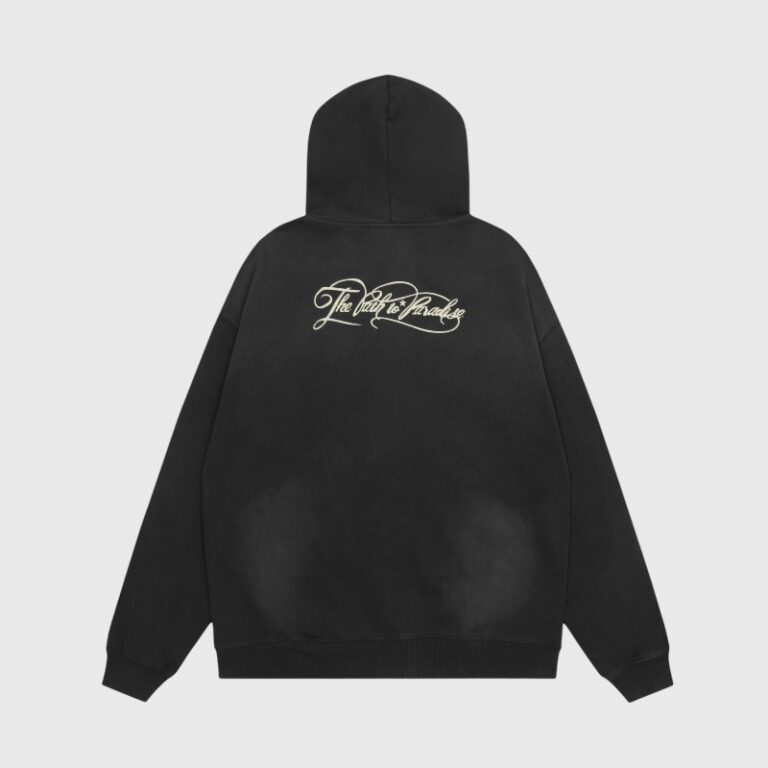 Back view of the black Hellstar The Path to Paradise hoodie featuring the signature graphic print on the reverse.