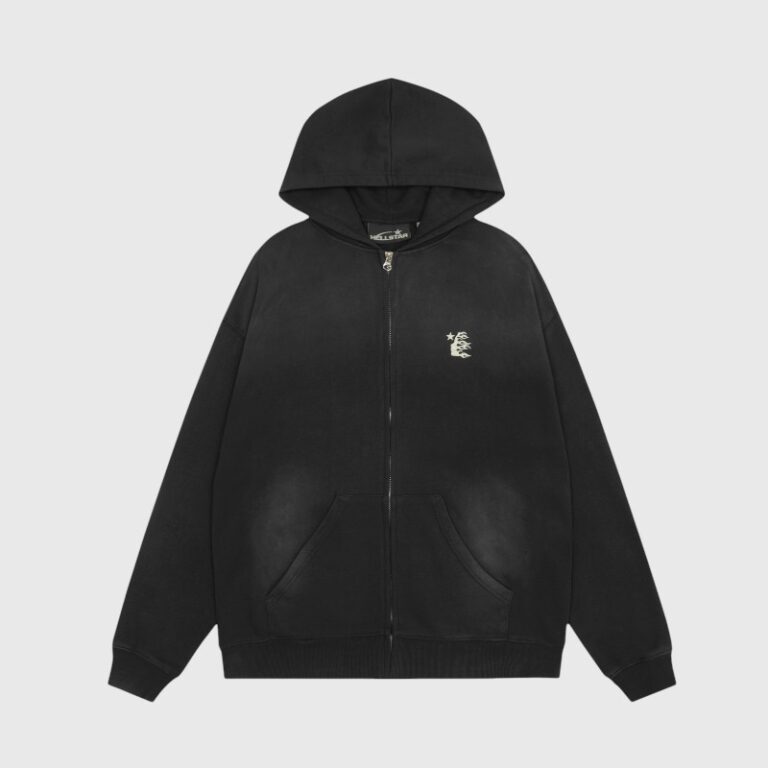 Front view of the Hellstar The Path to Paradise black zip-up hoodie featuring a premium cotton blend and graphic logo.