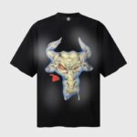 Black Hellstar The Rock Bull graphic t-shirt featuring a glowing stylized bull head with intense red eyes and drop detail.