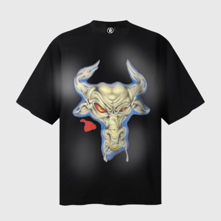 Black Hellstar The Rock Bull graphic t-shirt featuring a glowing stylized bull head with intense red eyes and drop detail.