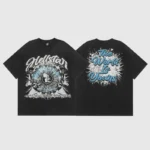 Front and back view of the black Hellstar The World Is Yours graphic t-shirt made of 100% cotton with a vintage wash.