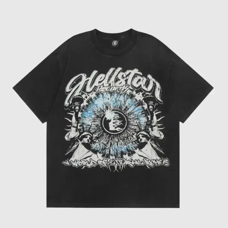 Front view of the black Hellstar The World Is Yours T-shirt featuring a vintage graphic screen print design.