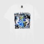 Hellstar The World Will Be Yours white graphic t-shirt featuring vintage washed 100% cotton in a premium unisex fit.
