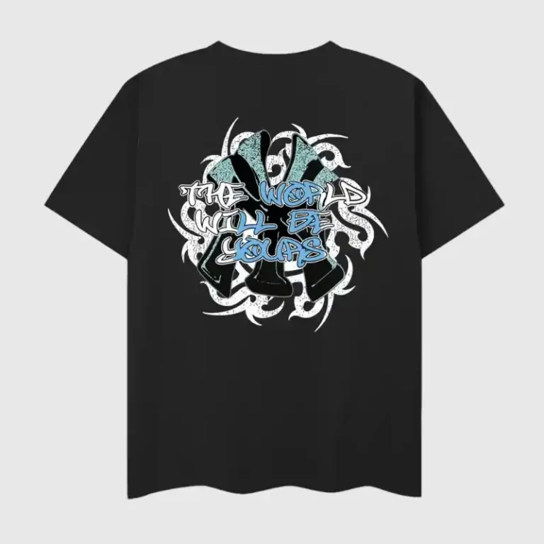 Hellstar The World Will Be Yours T-shirt featuring a black vintage washed cotton design with a stylized graphic back print.