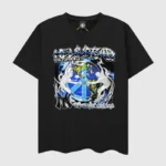 Hellstar The World Will Be Yours black graphic T-shirt with a vintage washed effect and premium cotton design.