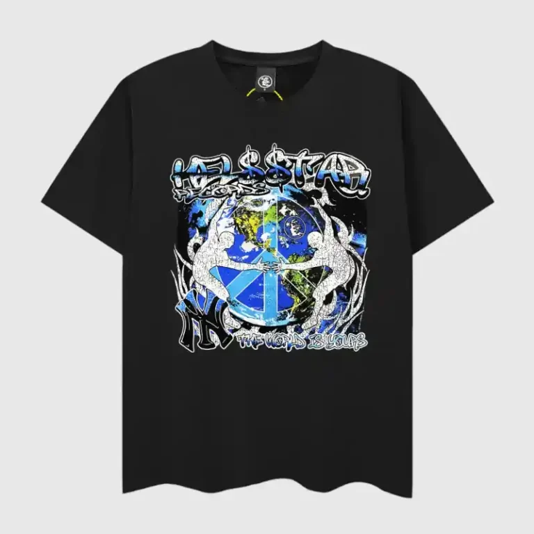 Hellstar The World Will Be Yours black graphic T-shirt with a vintage washed effect and premium cotton design.