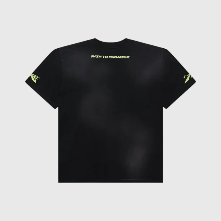Back view of the black Hellstar Thorn Glitter T-Shirt featuring Path to Paradise text and sleeve graphic details.