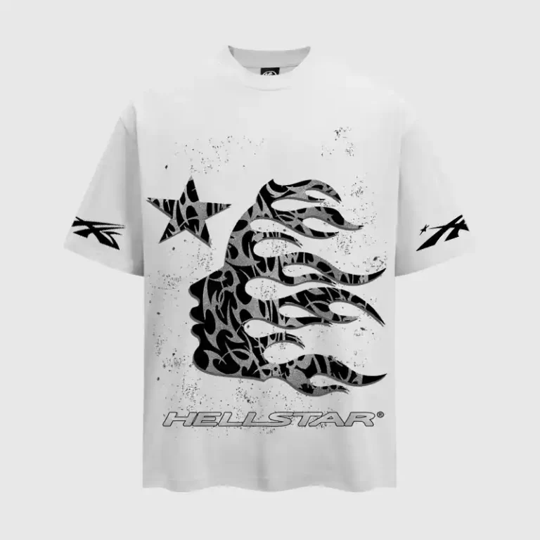 White Hellstar Thorn Glitter T-shirt featuring a front graphic print with star and flame design elements