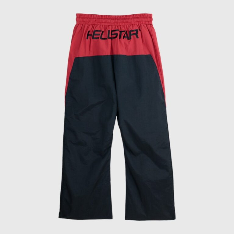 Back view of Hellstar Thriller track pants featuring a black and red color-blocked design with embroidered branding.