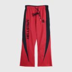 Hellstar Thriller Red Track Pants featuring a bold color-blocked design, elastic waistband, and logo embroidery.