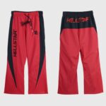Front and back view of Hellstar Thriller red and black track pants featuring a drawstring waist and branded logo.