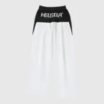 Back view of the Hellstar Thriller white and black track pants featuring a color-blocked design and embroidered logo.