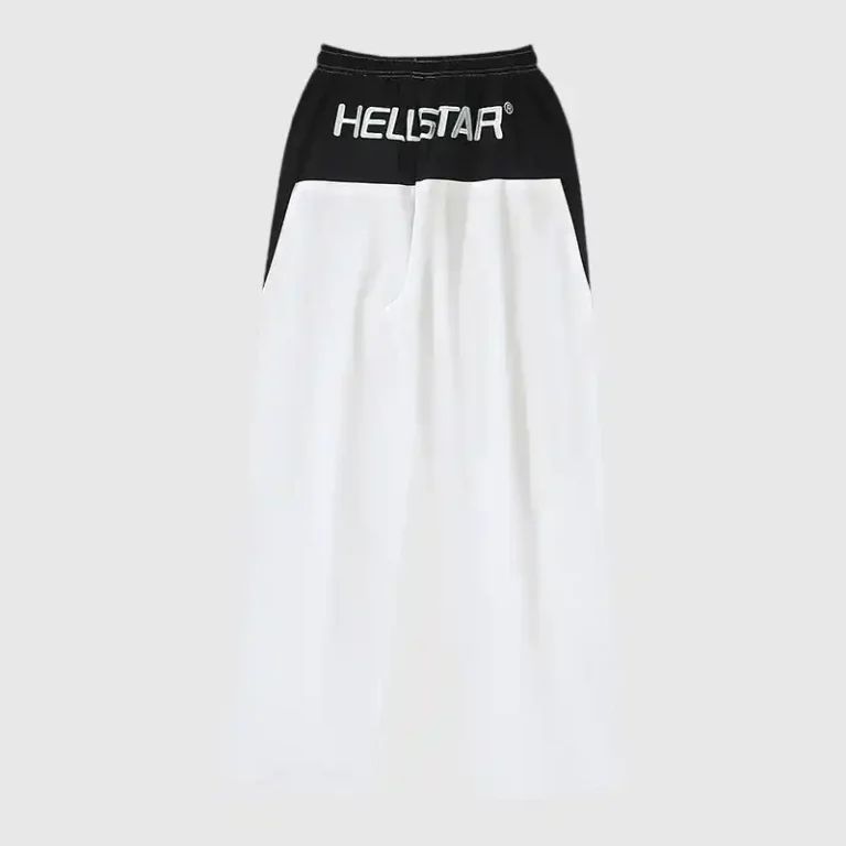 Back view of the Hellstar Thriller white and black track pants featuring a color-blocked design and embroidered logo.