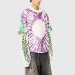 Stylish Hellstar tie-dye zip-up hoodie featuring a vibrant purple and green pattern with unique sleeve graphic prints.