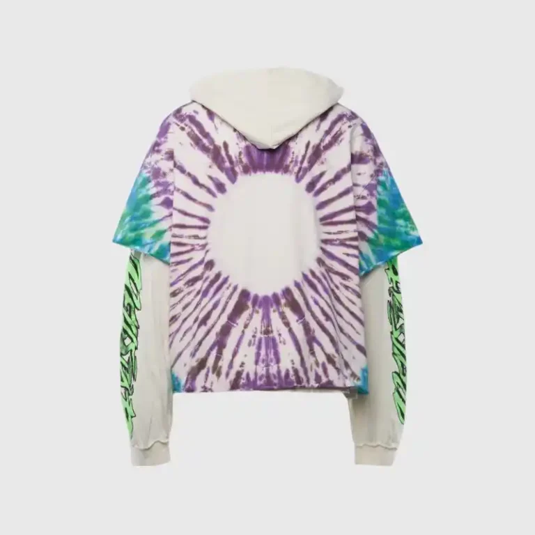 Back view of the Hellstar tie-dye zip-up hoodie featuring vibrant patterns and signature graphic sleeve details.