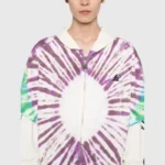 Front view of a unisex Hellstar tie-dye zip-up hoodie featuring a unique vibrant purple and green circular pattern.
