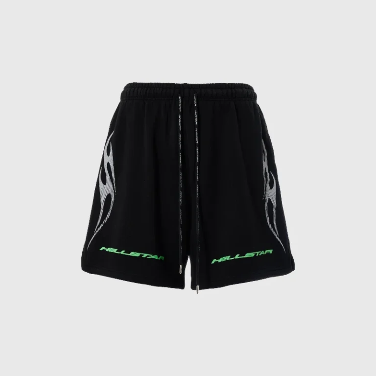 Hellstar Tribal Fame Shorts in black with signature tribal graphic print and green logo branding on comfortable fleece.