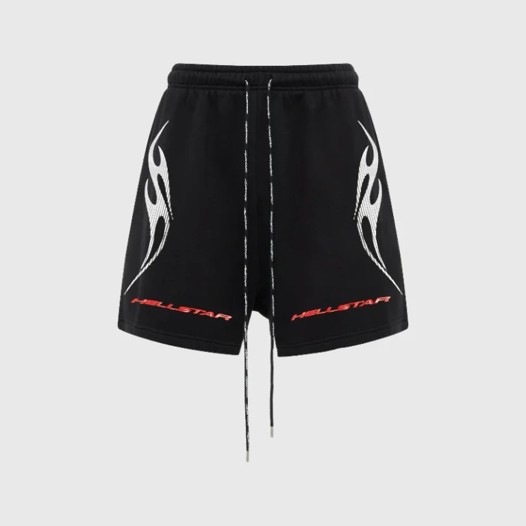 Black Hellstar Tribal Fame shorts featuring white tribal graphic print and red branding on a relaxed fit fleece base.