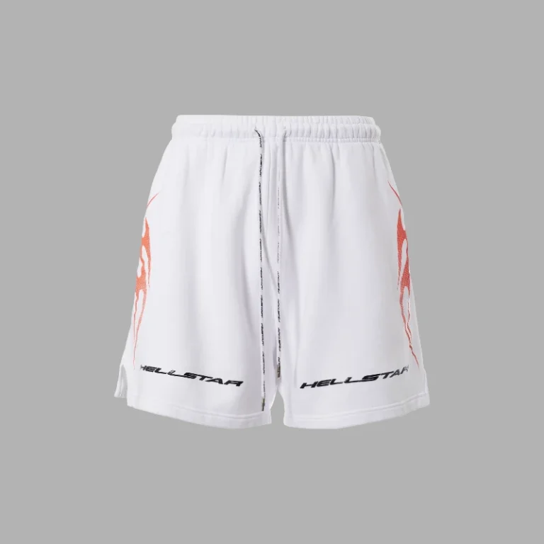 Hellstar Tribal Fame white shorts featuring premium heavyweight fabric, drawstrings, and bold high-contrast tribal graphics.