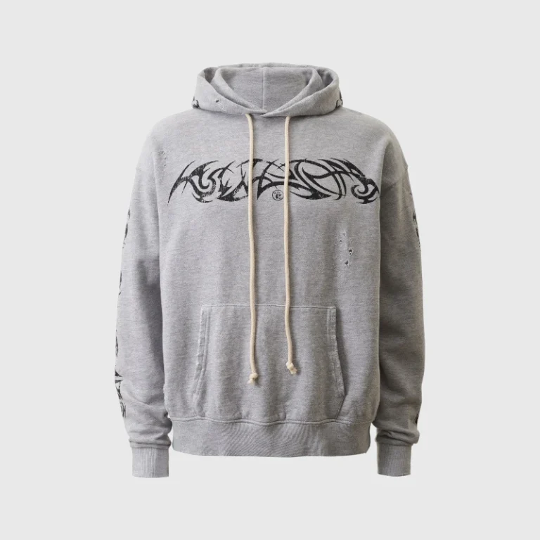 Grey Hellstar pullover hoodie featuring a black tribal flame graphic screen print on premium washed cotton fleece.