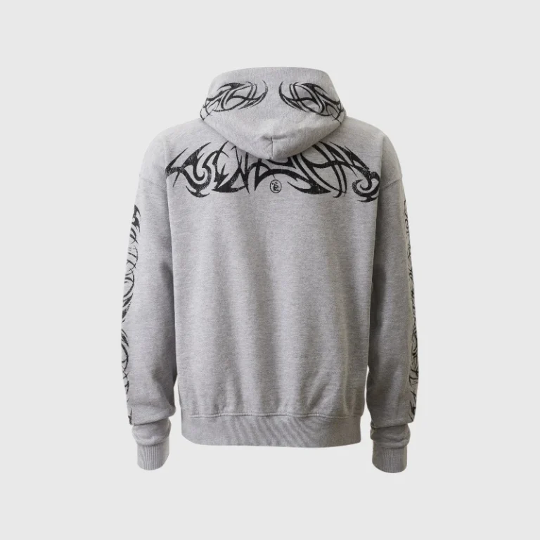 Back view of the Hellstar Tribal Flame Logo Hoodie in grey featuring black screen-printed tribal graphics on the hood.