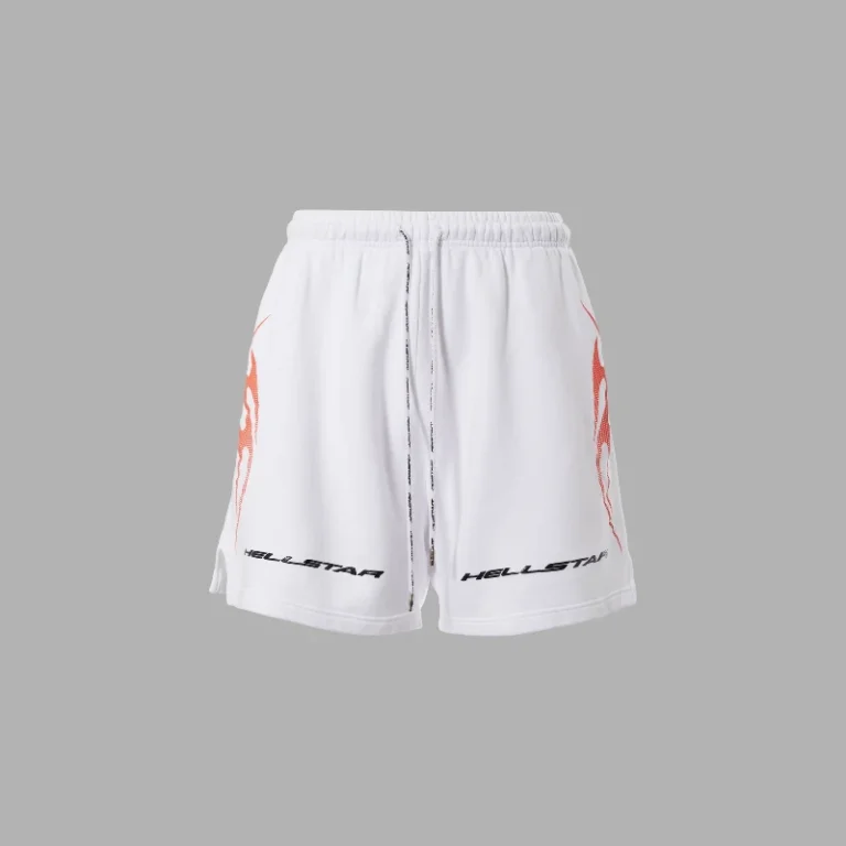 White Hellstar Tribal Flame shorts featuring bold red flame graphics and black branded logo on premium fleece fabric.