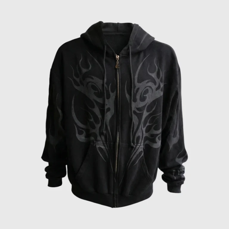 Black Hellstar zip-up hoodie featuring a bold dark grey tribal flame design printed on the front and sleeves.
