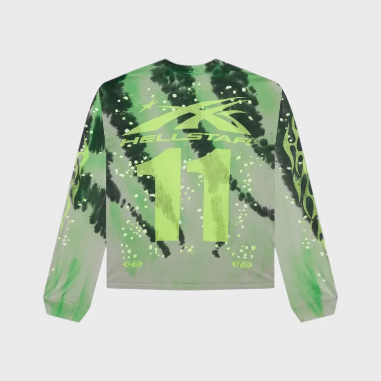 Back view of the green Hellstar Tye-Dye Moto long-sleeve sweater featuring a number 11 graphic and flame print details.