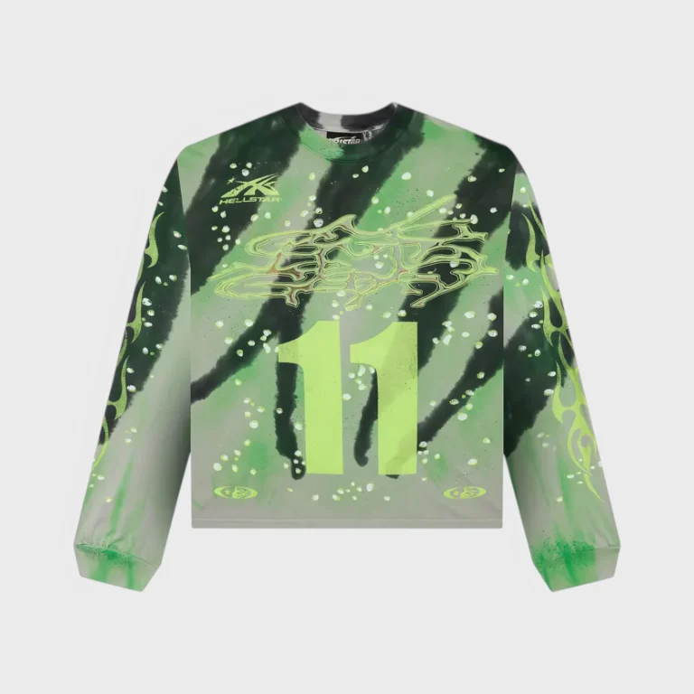 Hellstar green tye-dye moto long-sleeve sweater featuring a bold number 11 graphic and unique streetwear design details.