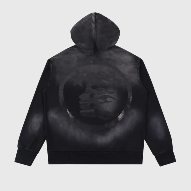 Back view of the black Hellstar Uniform hoodie featuring a vintage-inspired screen-printed graphic on the back.