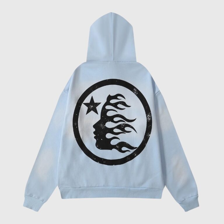 Back view of the premium Hellstar Uniform Hoodie in vibrant baby blue featuring a signature circular graphic logo.