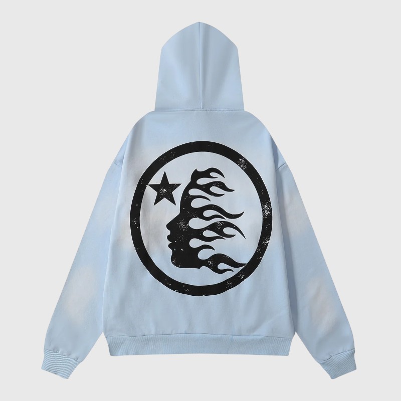 Back view of the premium Hellstar Uniform Hoodie in vibrant baby blue featuring a signature circular graphic logo.