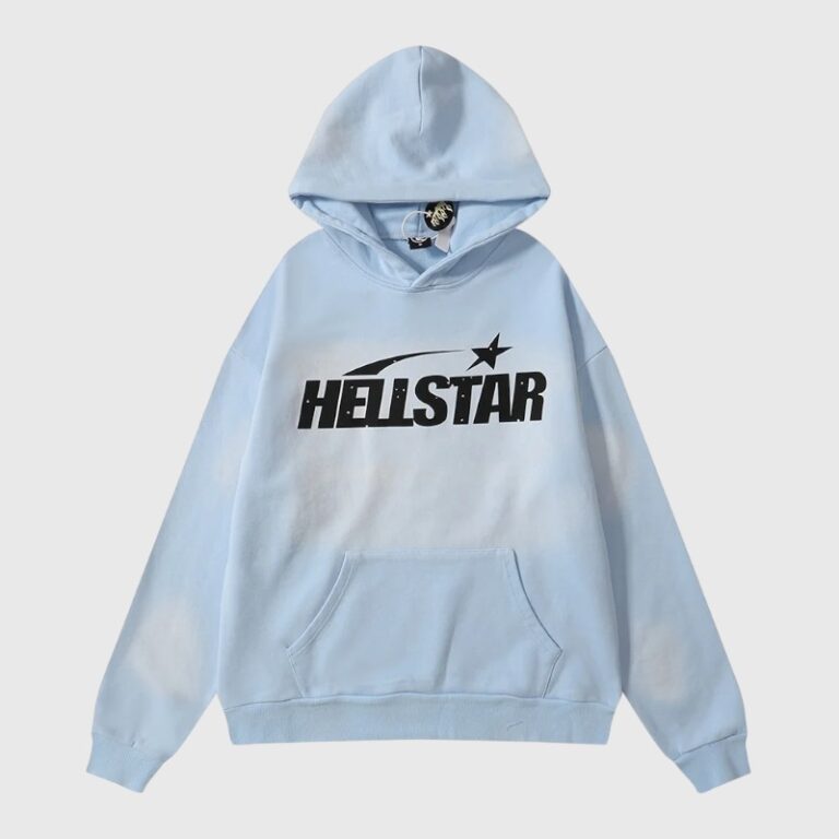 Front view of the premium Hellstar Uniform Hoodie in vibrant baby blue, featuring a relaxed fit and streetwear aesthetic.