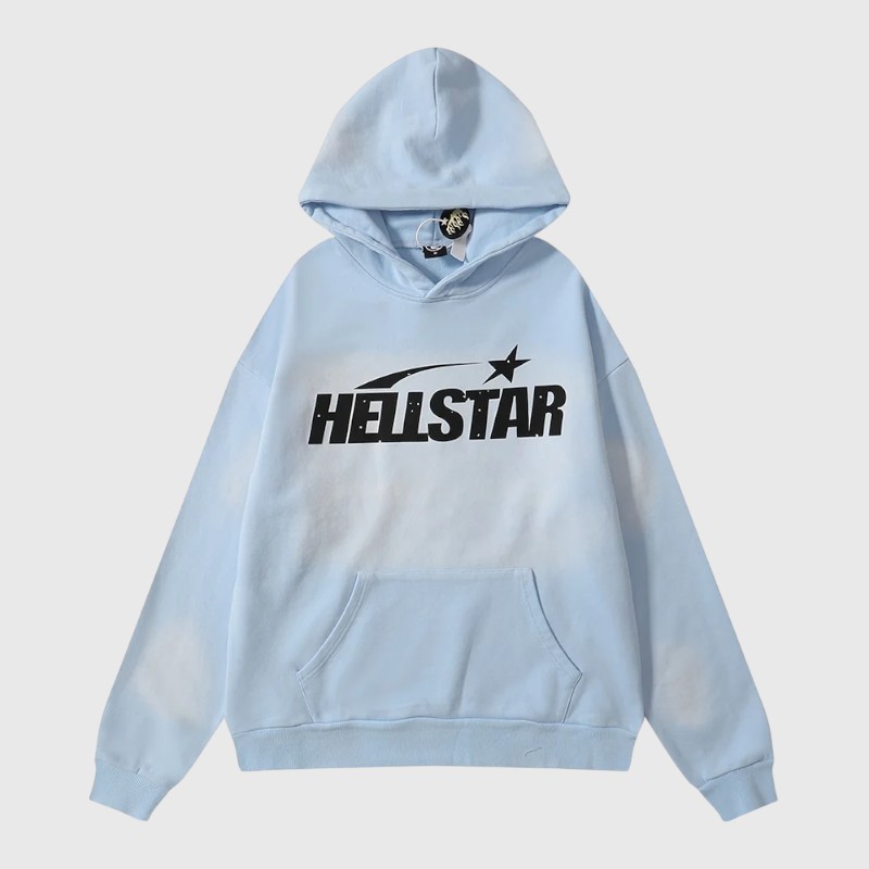 Front view of the premium Hellstar Uniform Hoodie in vibrant baby blue, featuring a relaxed fit and streetwear aesthetic.