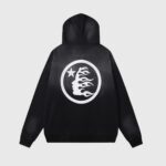 Back view of the black Hellstar Uniform Hoodie featuring a white graphic screen print logo with a star and face.