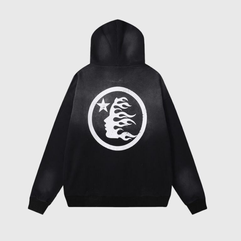 Back view of the black Hellstar Uniform Hoodie featuring a white graphic screen print logo with a star and face.