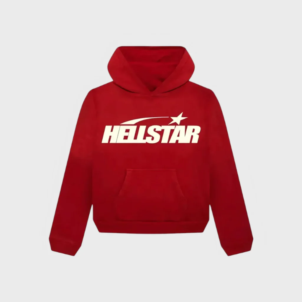 Hellstar Uniform red hoodie featuring the classic white brand logo print on the chest, front view isolated on grey.