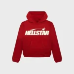 Hellstar Uniform red hoodie featuring the classic white brand logo print on the chest, front view isolated on grey.
