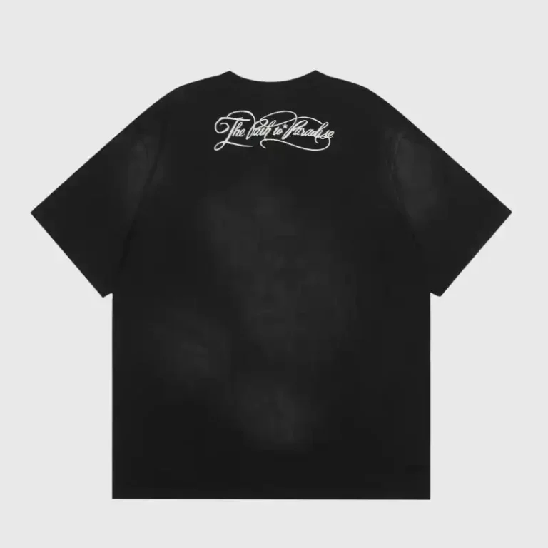 Hellstar black unisex t-shirt showing the back print design titled The Path To Paradise in premium quality cotton.
