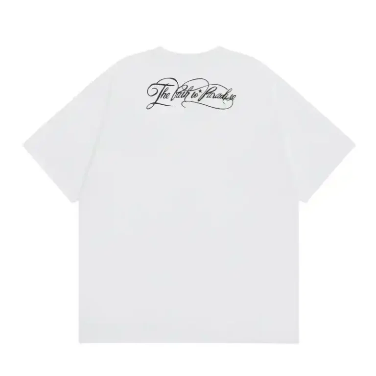 Hellstar unisex white t-shirt back view with black scripted "The Path to Paradise" graphic near the neckline, 100% cotton