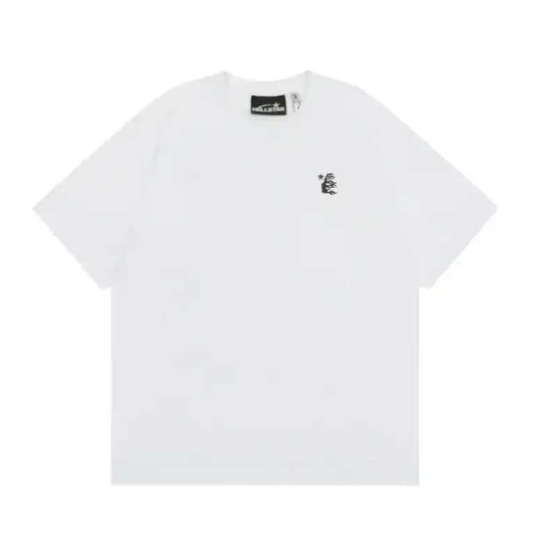 Hellstar unisex white cotton T-shirt flat lay with small black front logo, vintage washed crew neck, made in Los Angeles