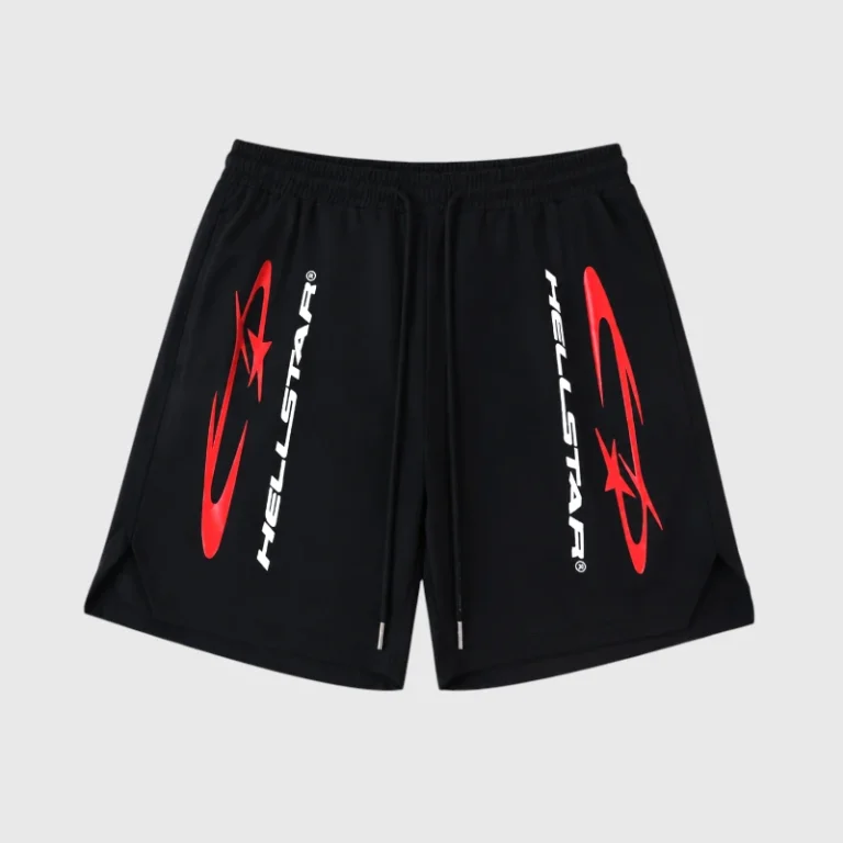 Front view of black Hellstar Vertical Athletic Nylon Shorts featuring red logo graphics on both legs.