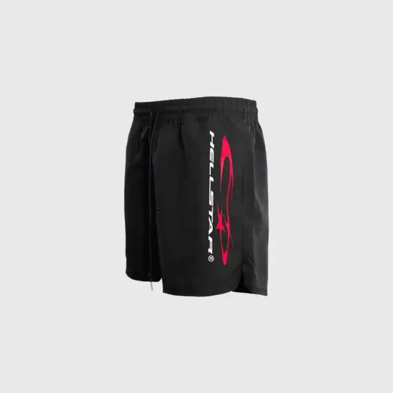Black Hellstar Vertical Athletic Shorts featuring a bold red logo graphic print for gym and streetwear fashion.