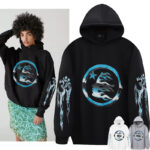 Model wearing a Hellstar Victory Capsule 6 black hoodie with a blue graphic print on the front and sleeves.
