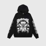 Black Hellstar Victory Capsule 6 hoodie with white graphic print on the front and sleeve detailing on a gray background.