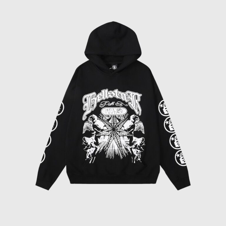 Black Hellstar Victory Capsule 6 hoodie with white graphic print on the front and sleeve detailing on a gray background.
