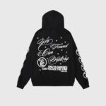 Back view of the black Hellstar Victory Capsule 6 hoodie with white graphic print and star details on the back.